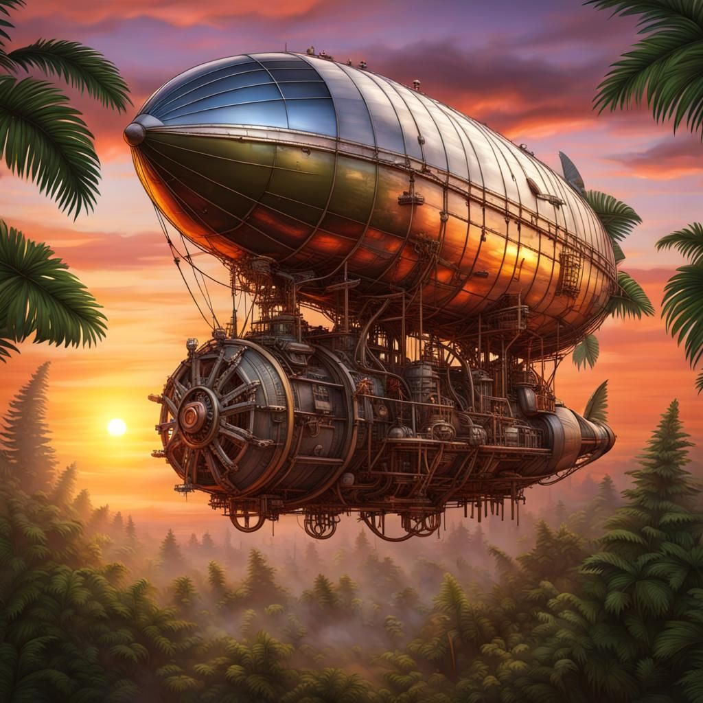 Steampunk Airship with Tropical Garden at Sunset