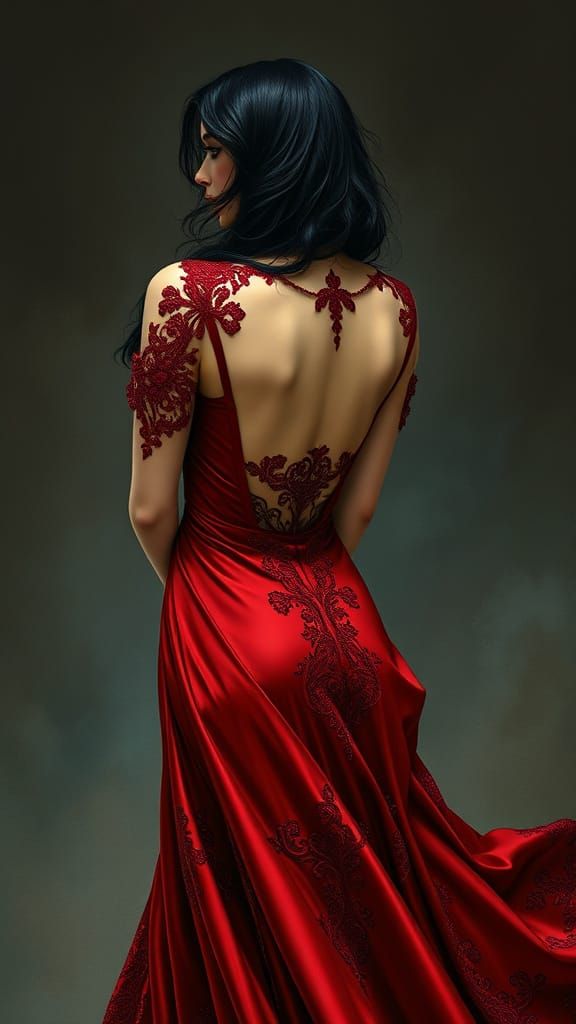 Art Nouveau Woman in Red Satin Dress