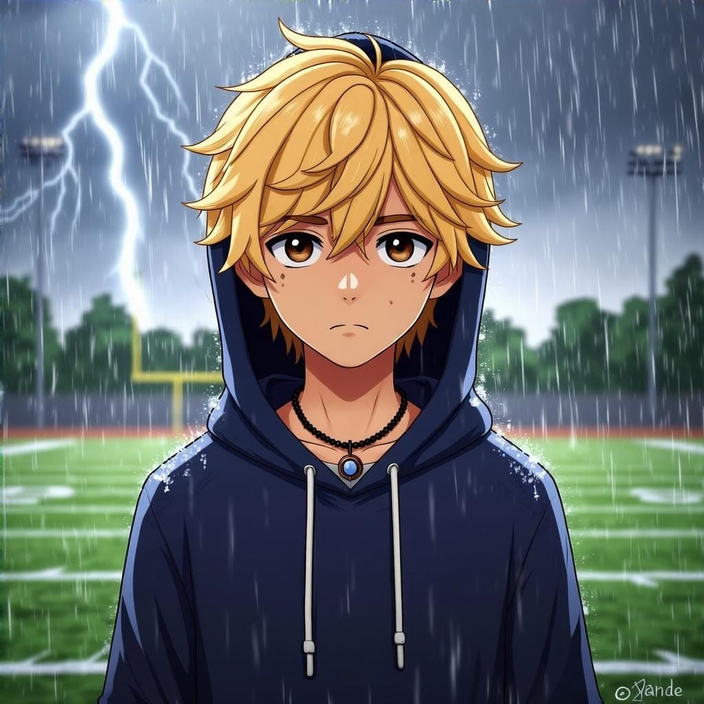 Teenage Boy in Dark Blue Hoodie Confronts Stormy School Foot...