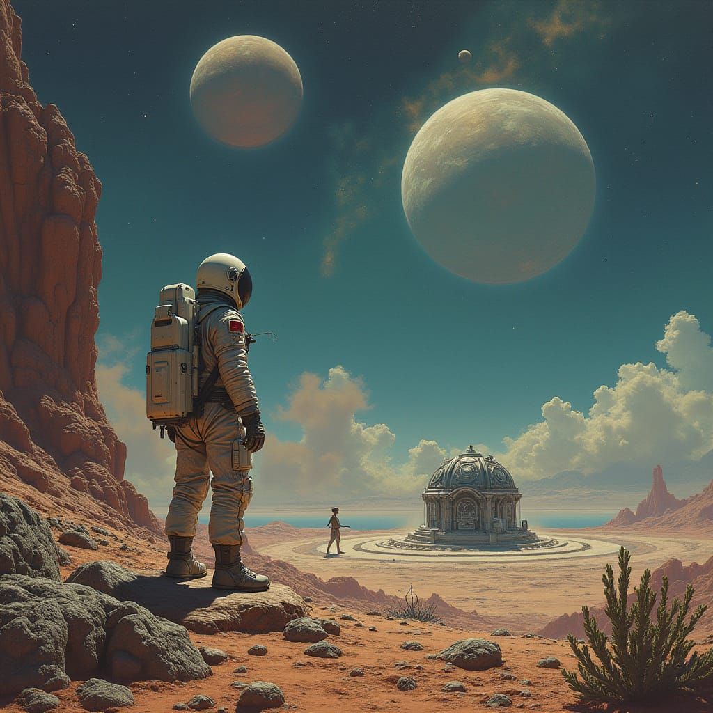 Astronaut on Alien Planet with Metallic Chest