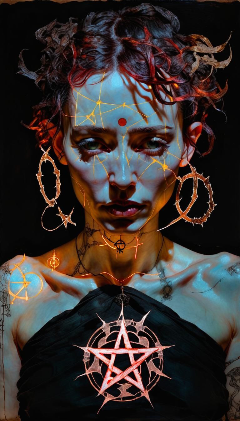 Occult Symbols and Zodiac Woman in Iridescent Colors