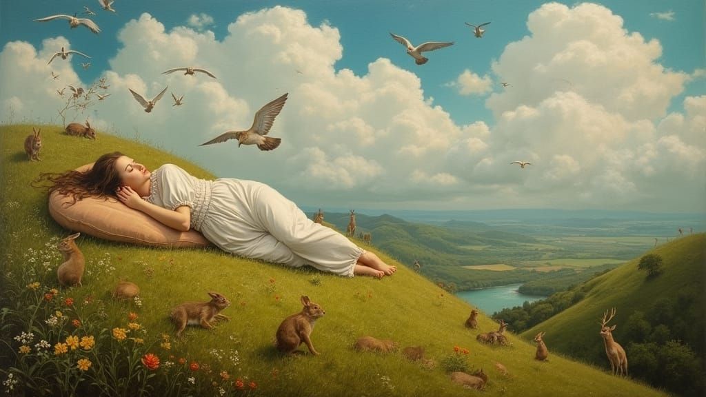 Surreal Giantess in Dreamlike Landscape, Inspired by Bosch a...