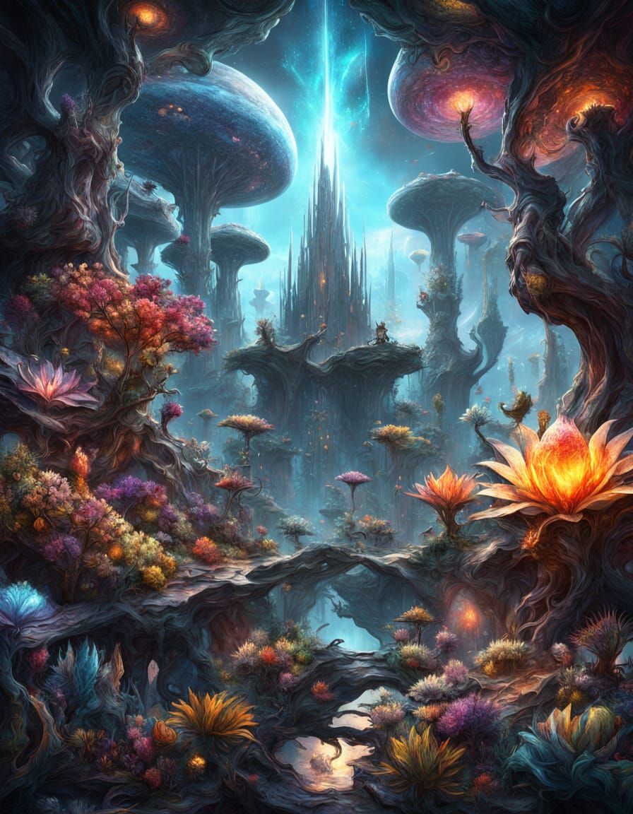 Cosmic Herbalist Tending Stardust Plants on Alien Planet