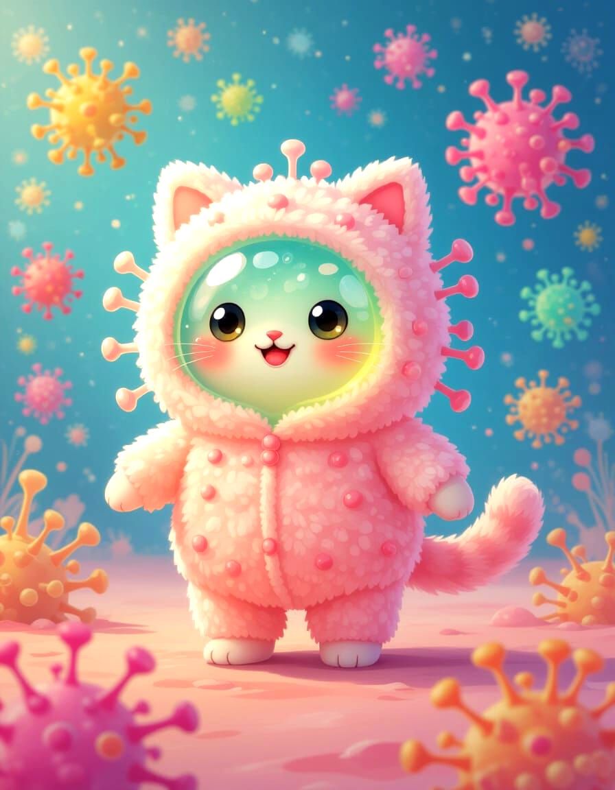 Cute Translucent Virus Cell in Fluffy Cat Suit
