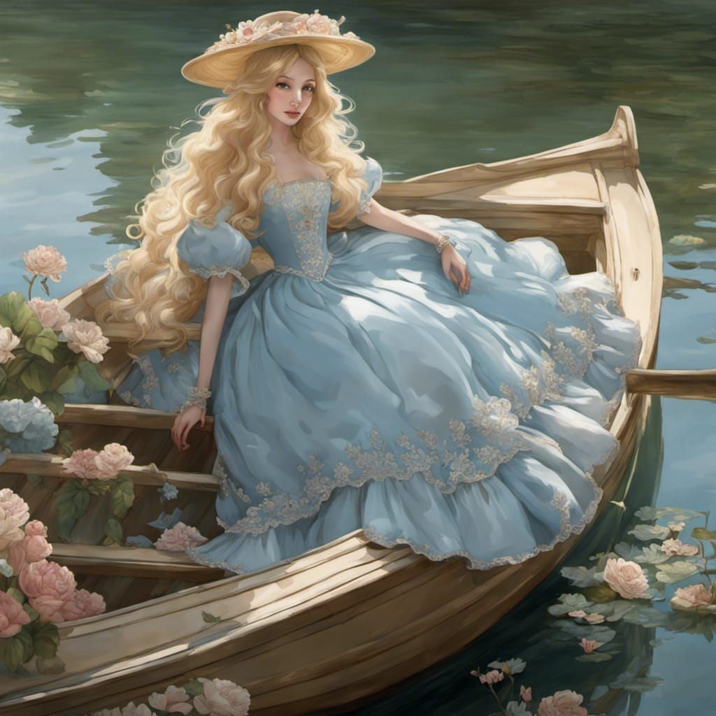 Princess in Rococo Dress on a Rowboat