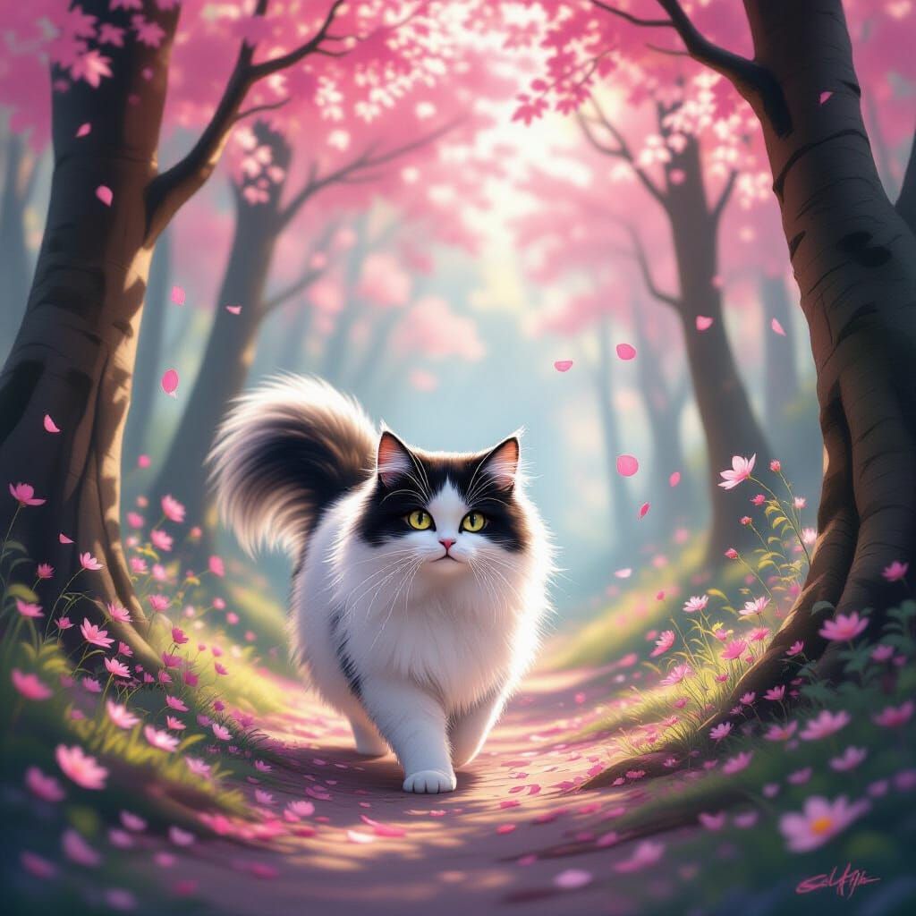 Enchanted Cat in Pink Forest with Floral Stripe