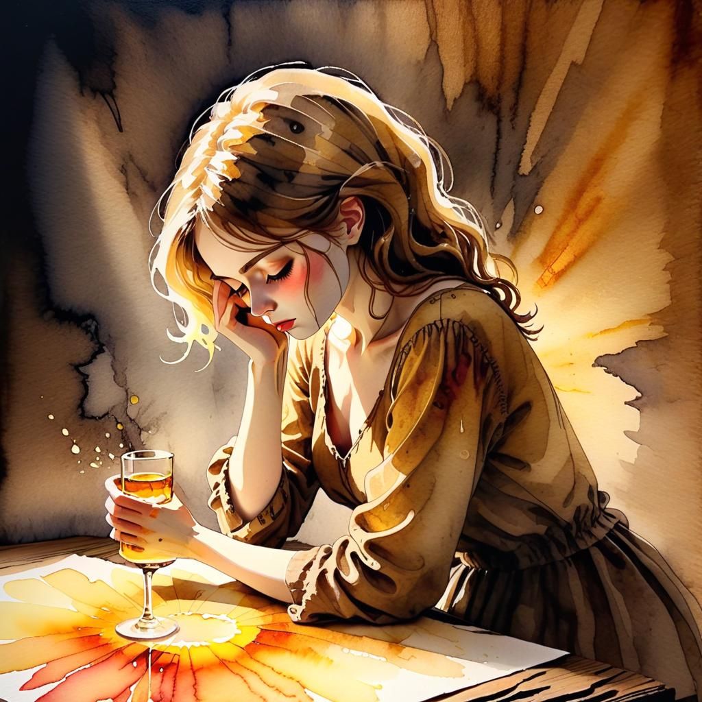 Grief-Stricken Woman: Alcohol Ink Watercolor Art