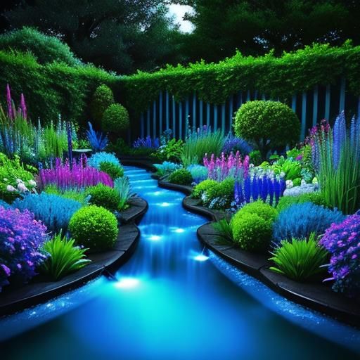 Neon Blue Garden with Moody Lighting