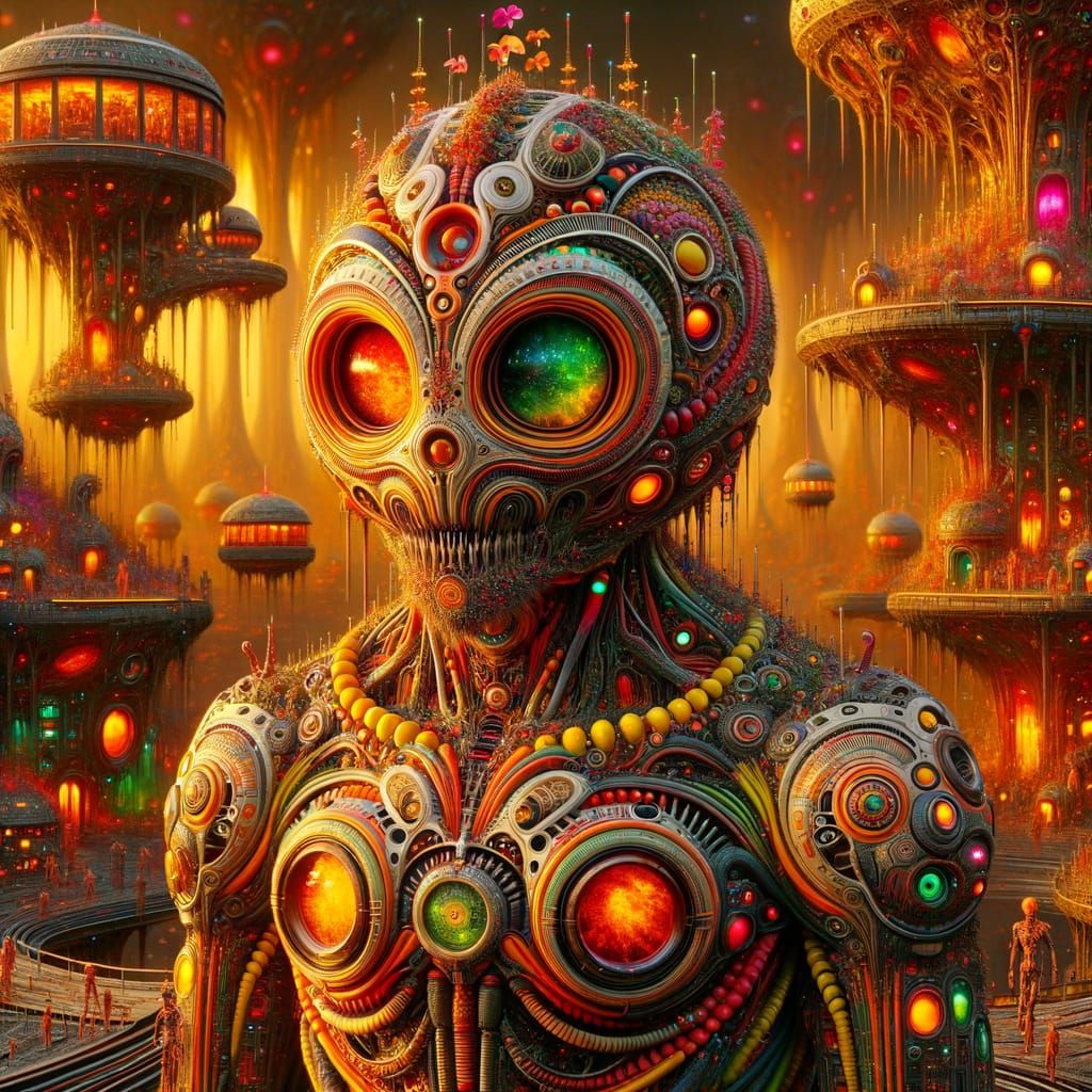 Alien Tiger Hybrid Creature with Fire Beings and Living Habi...