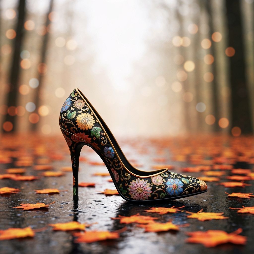 Photorealistic Black High Heel Shoe with Floral Autumn Leave...