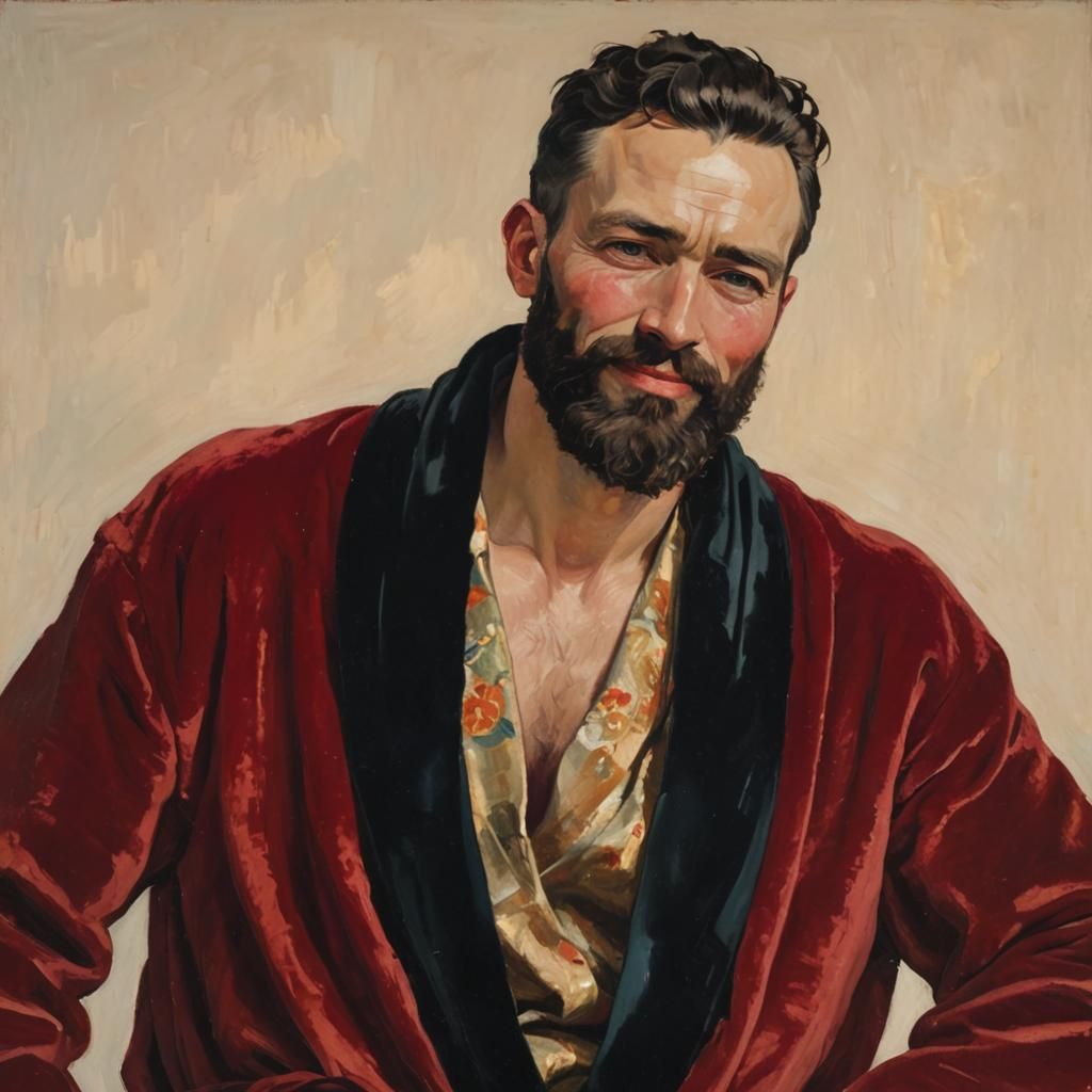Vintage Impressionist Man in Red Velvet Robe
