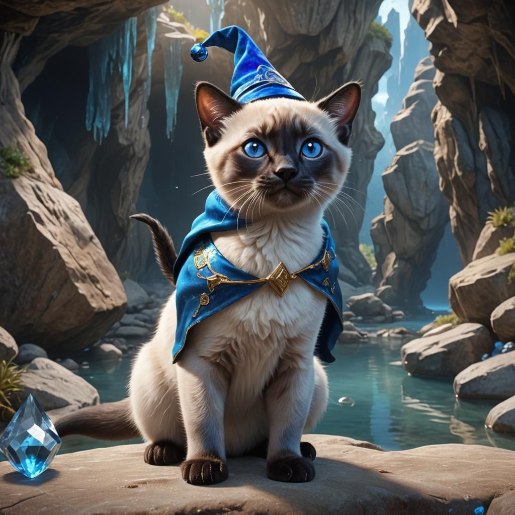 Siamese Kitten Wizard in Crystal Cave, 8K Render