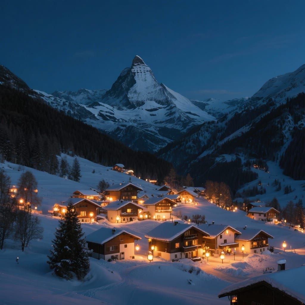 Snowy Alpine Village Aglow with Lanterns at Night