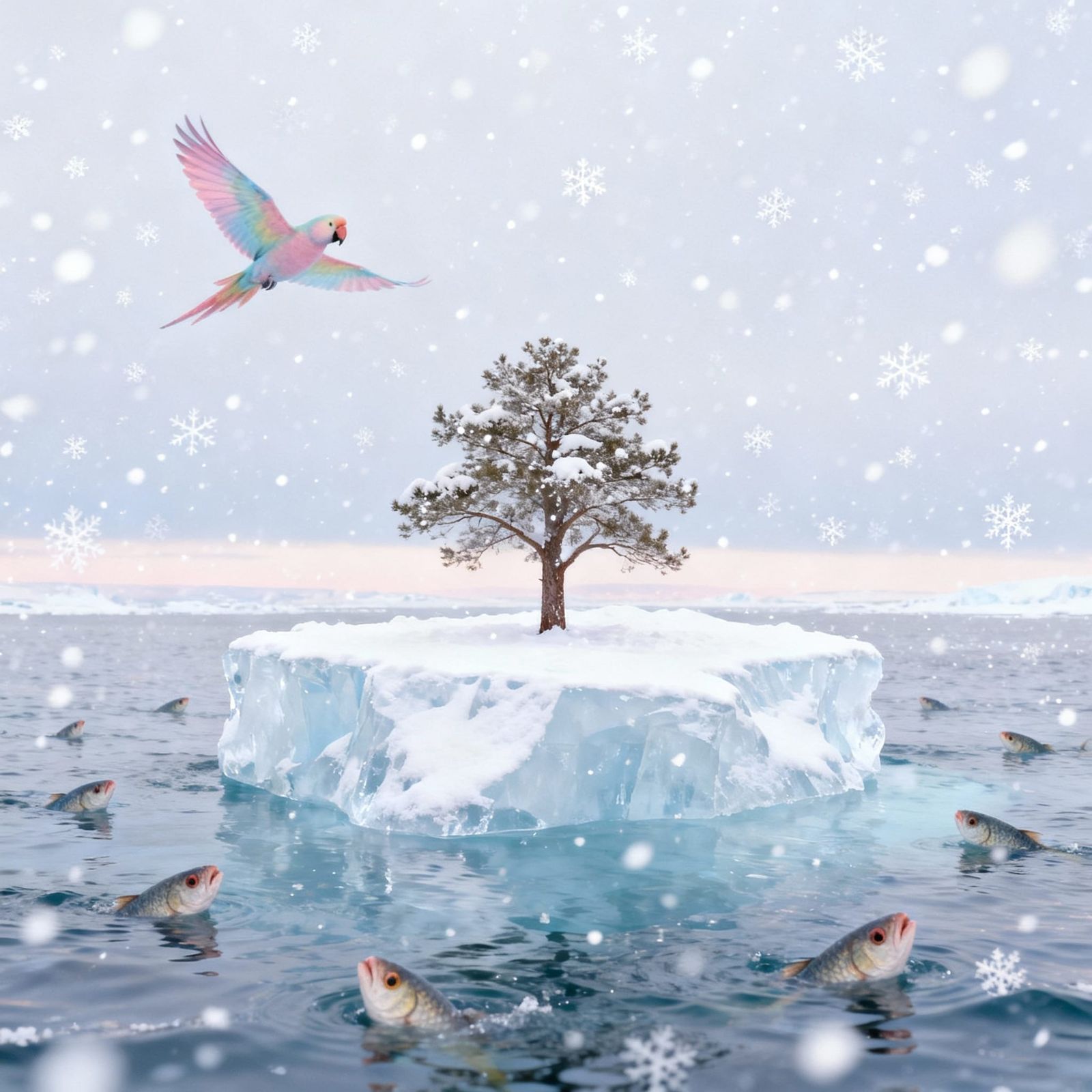 Arctic Scene: Parrot Flies Over Iceberg with Swimming Fish