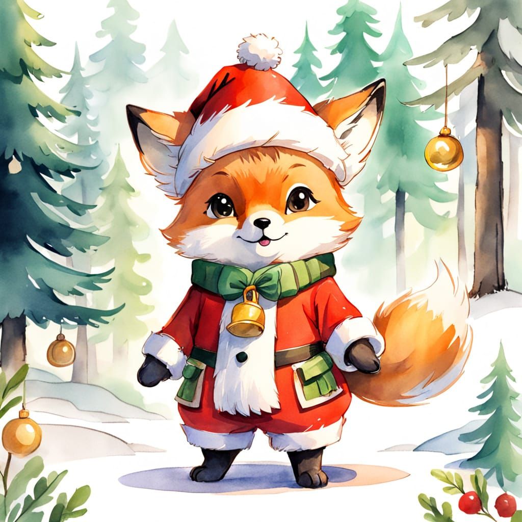 Fox Cub in Santa Costume Watercolor Sketch