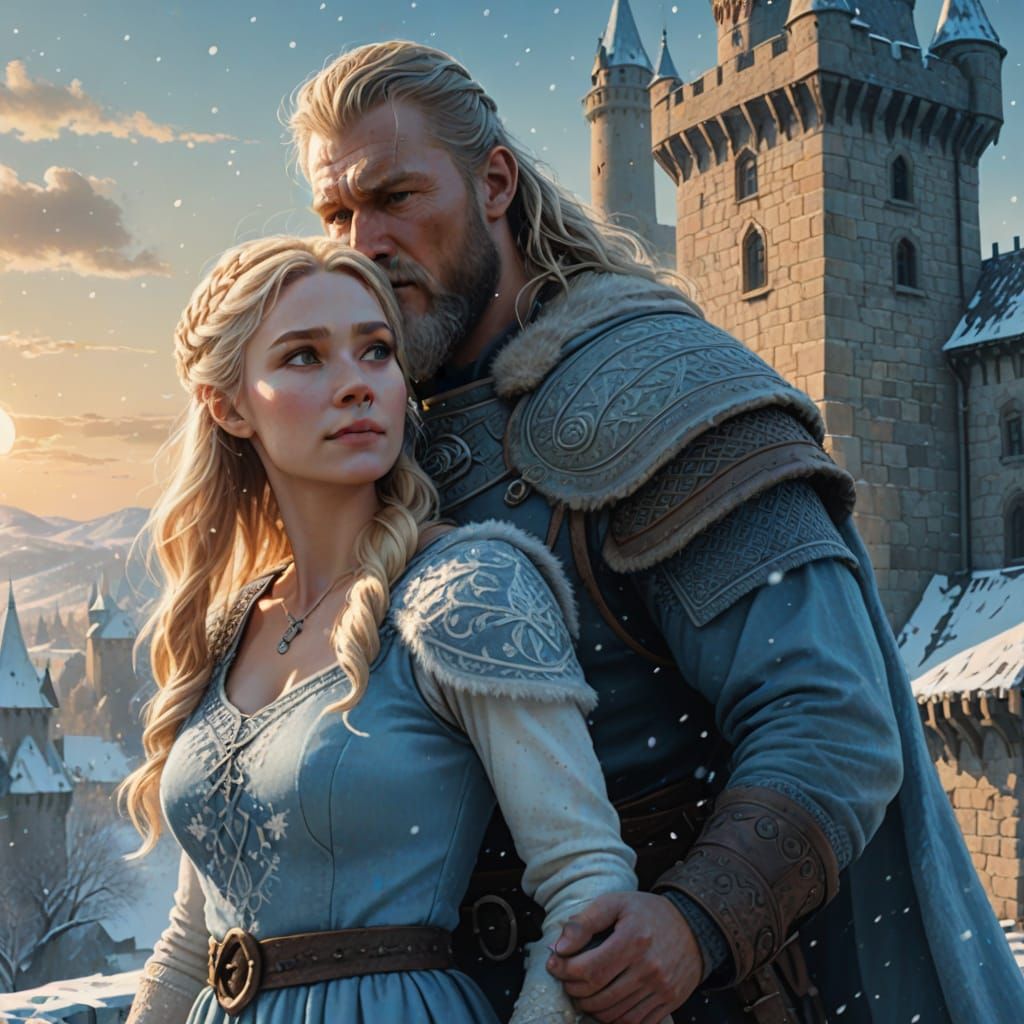 Viking Leader Embraces Woman in Winter Landscape