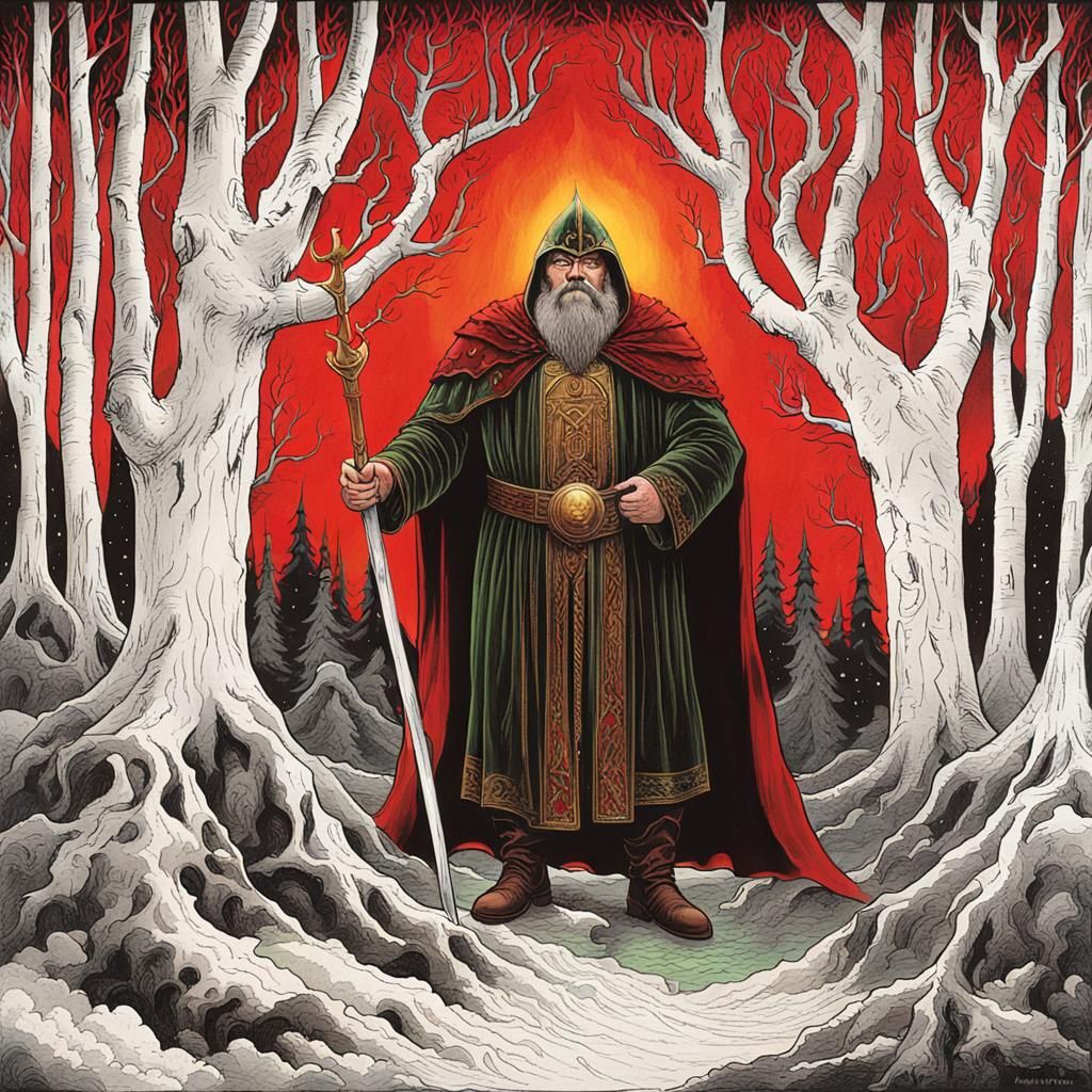 Mystical King on Emerald Throne in Dark Realm