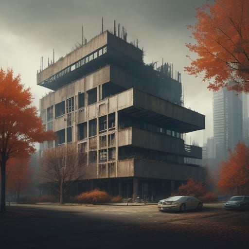 Brutalist Cityscape on a Bright Day with Rusty Trees