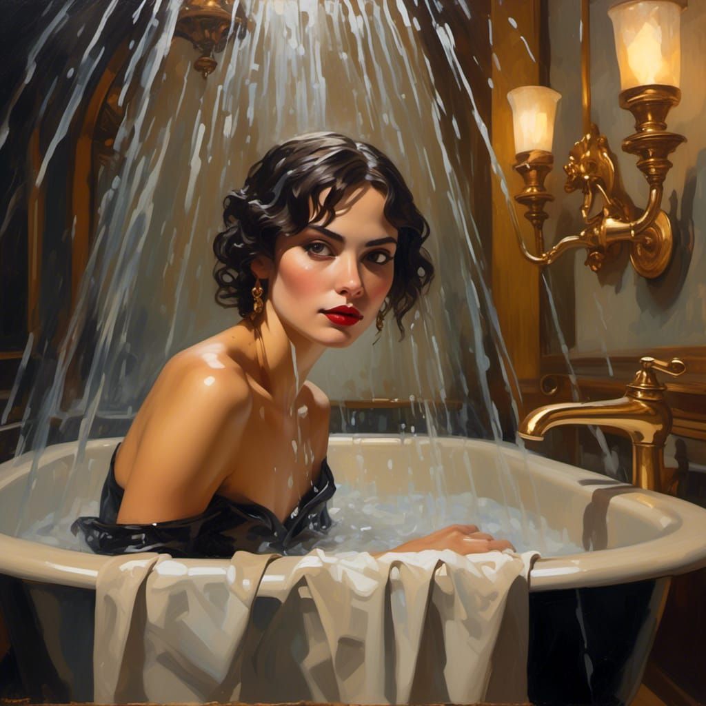 Woman in Shower, Dramatic Splash Art Style