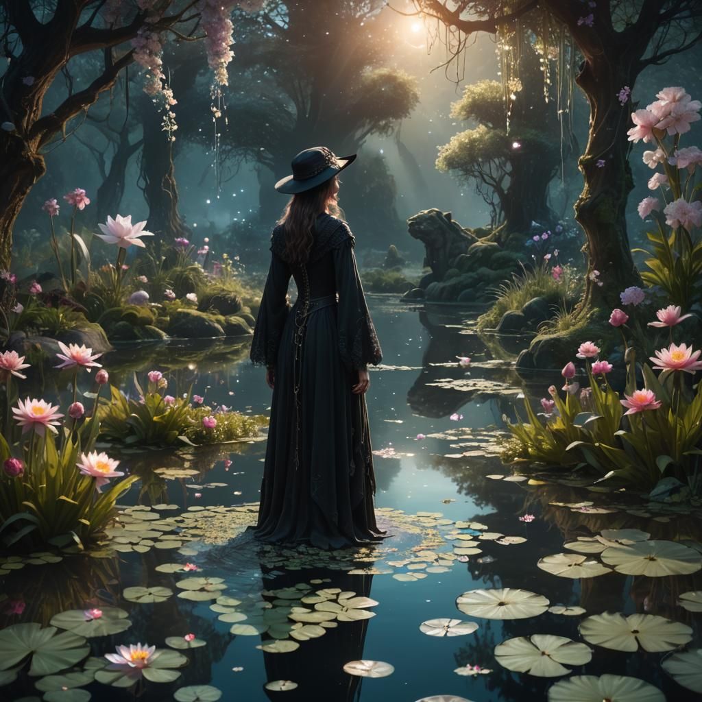 Enchanted Witch in Luminescent Dark Fantasy Sanctuary