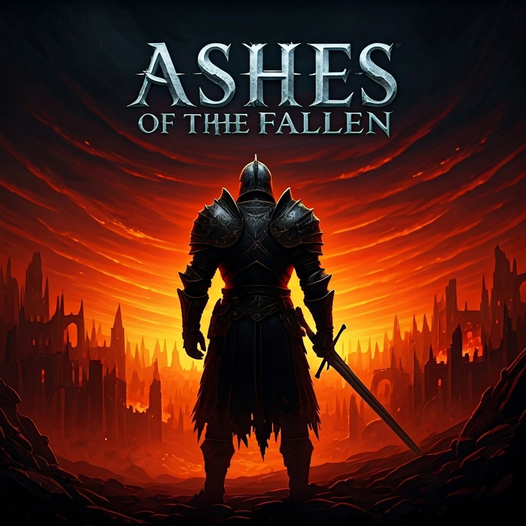 Lone Knight Surveys Fiery Ruined City