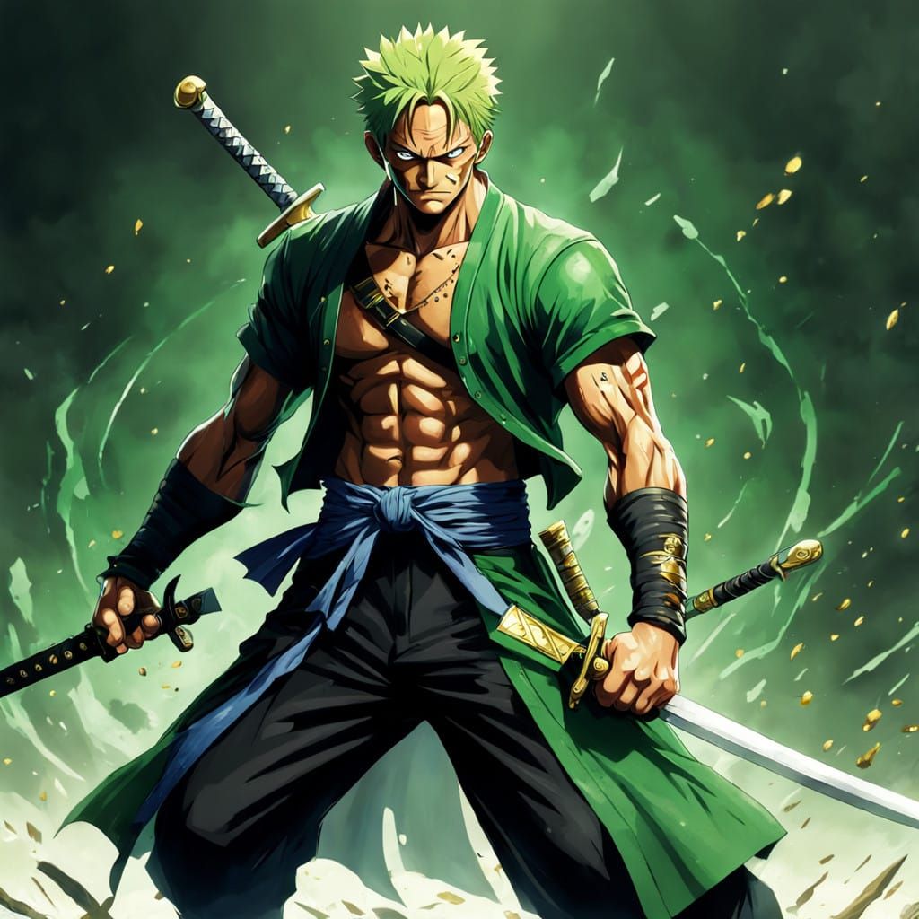 Rugged Anime Warrior Prepares for Battle with Three Swords