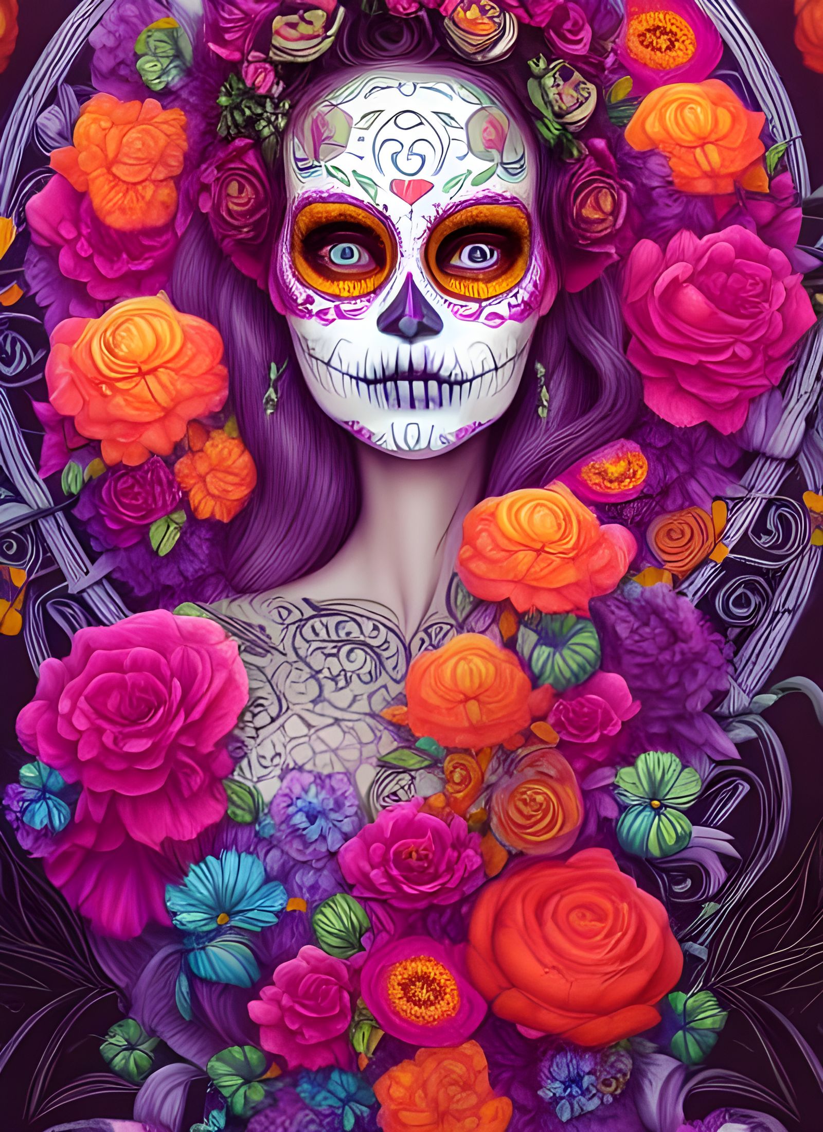 Day of the Dead Woman Dancing in Floral Steampunk Dress