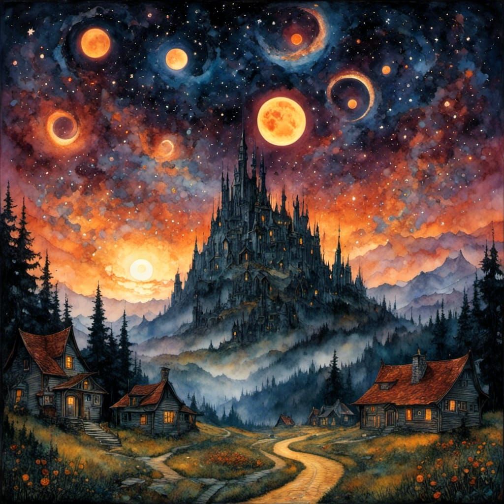 Celestial Eclipse with Crescent Moons and Fiery Sun