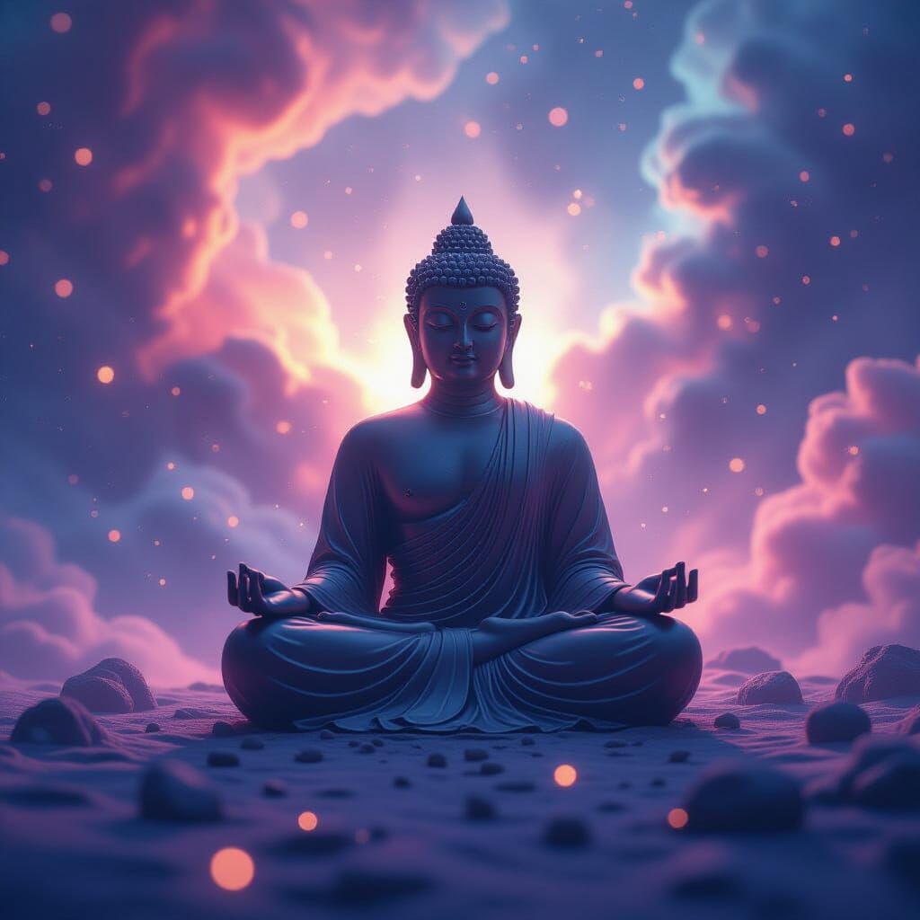 Chrome Buddha in Swirling Nebula with Ethereal Light