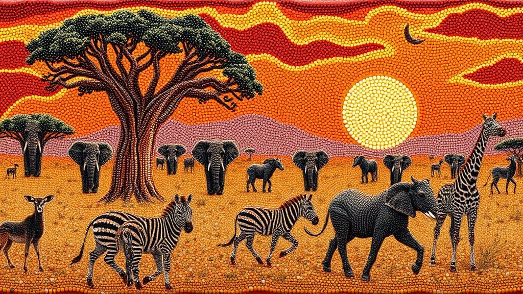 Beaded Savanna Sunset With Elephants and Zebras