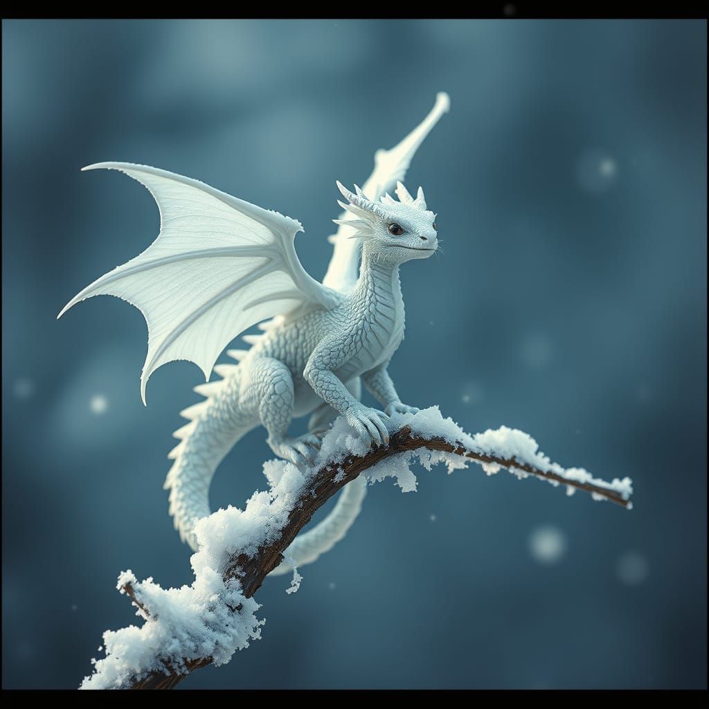 Ethereal Winter Dragon Perched on Frosty Branch