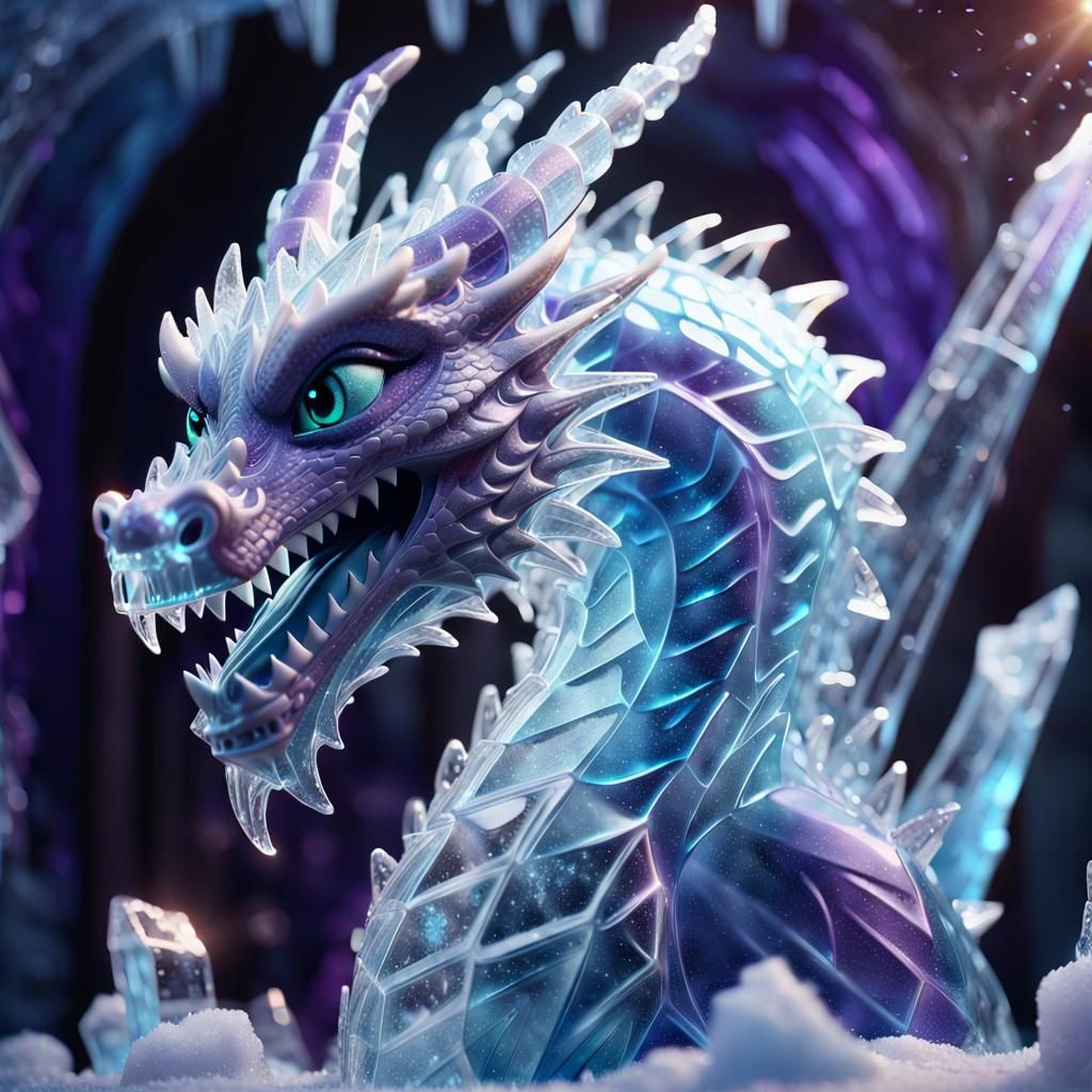 Ice Sculpture of Crystalline Dragon in Pixar Style