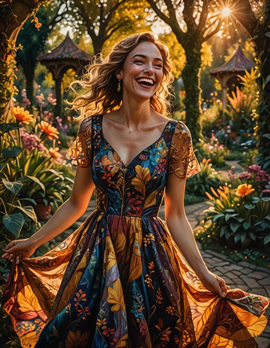 Enchanted Garden Date: Vivid Oil Painting of Joyful Woman