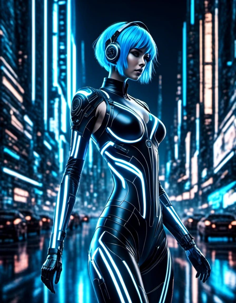 cartoon animation Anime Blue haired Woman in TRON style black and white glowing bodysuit in computer themed cityscape. F...