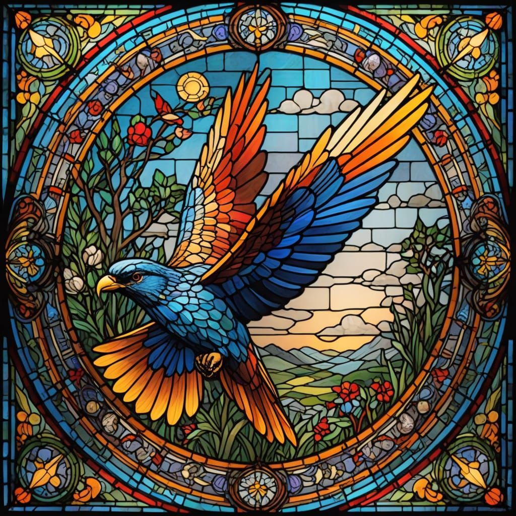 Surreal Flight Scene in Maximalist 3D Shading Stained Glass ...