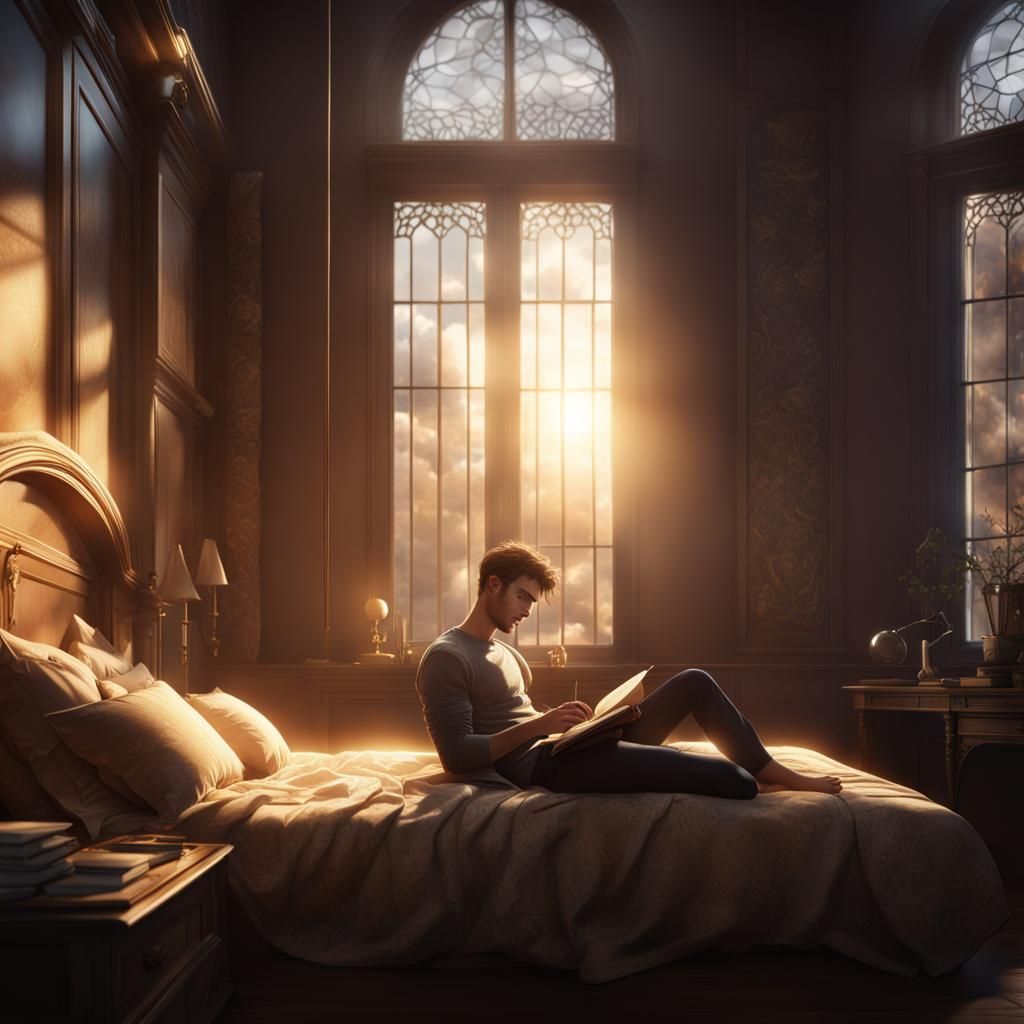 Young Man Writing in Bed: Fantasy Concept Art