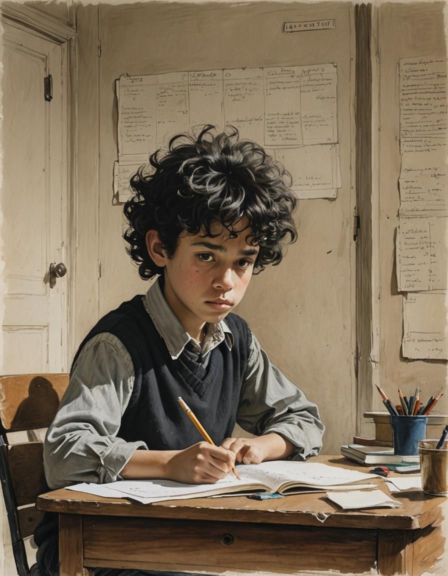 Boy Sketching at Desk in Detailed Realism