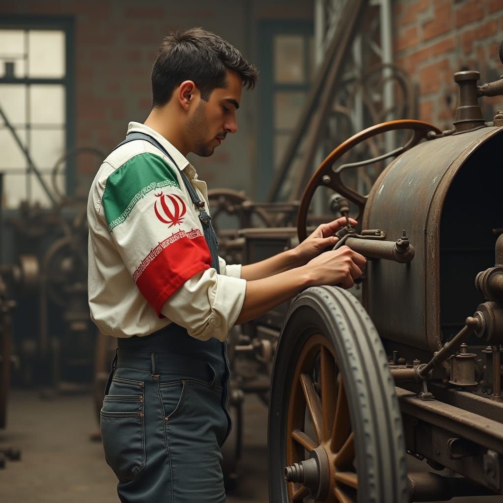 Vintage Car Assembly in Historical Industrial Scene