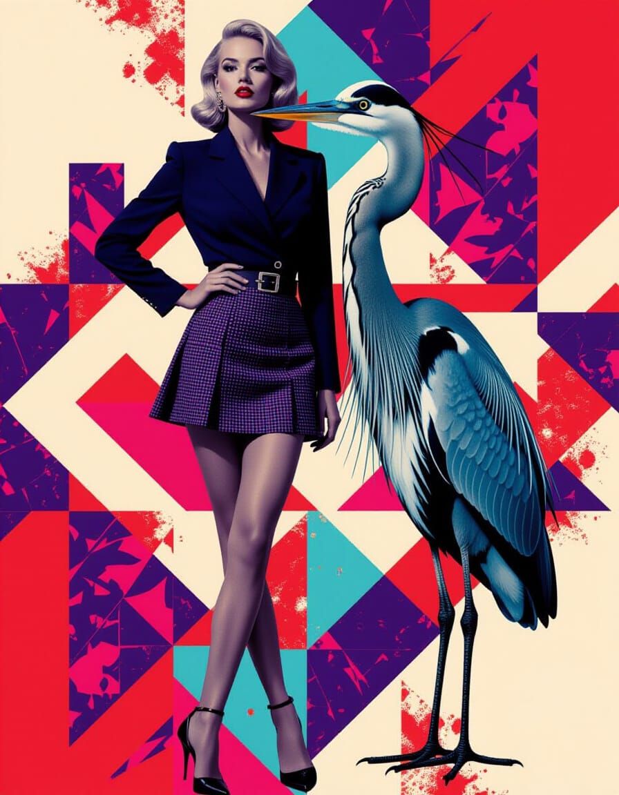 Woman & Heron Double Exposure in Sleek Futuristic Style