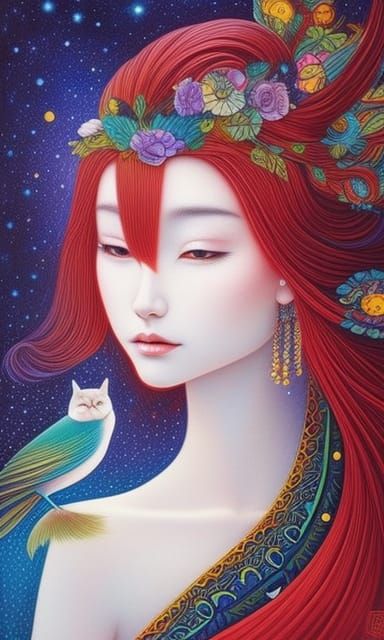 Magical Girl with Animals in Vivid Coloring Book Style