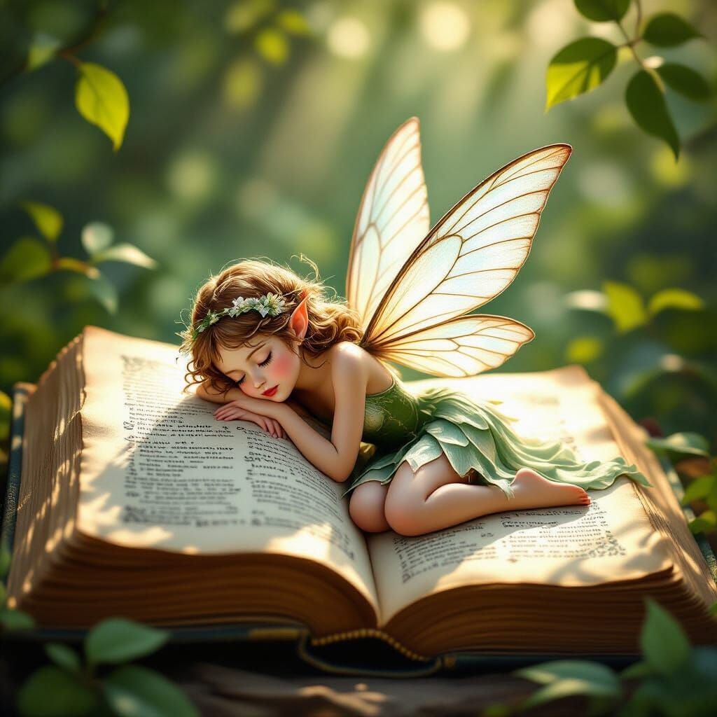 Fairy Sleeping on Ancient Book in Magical Light