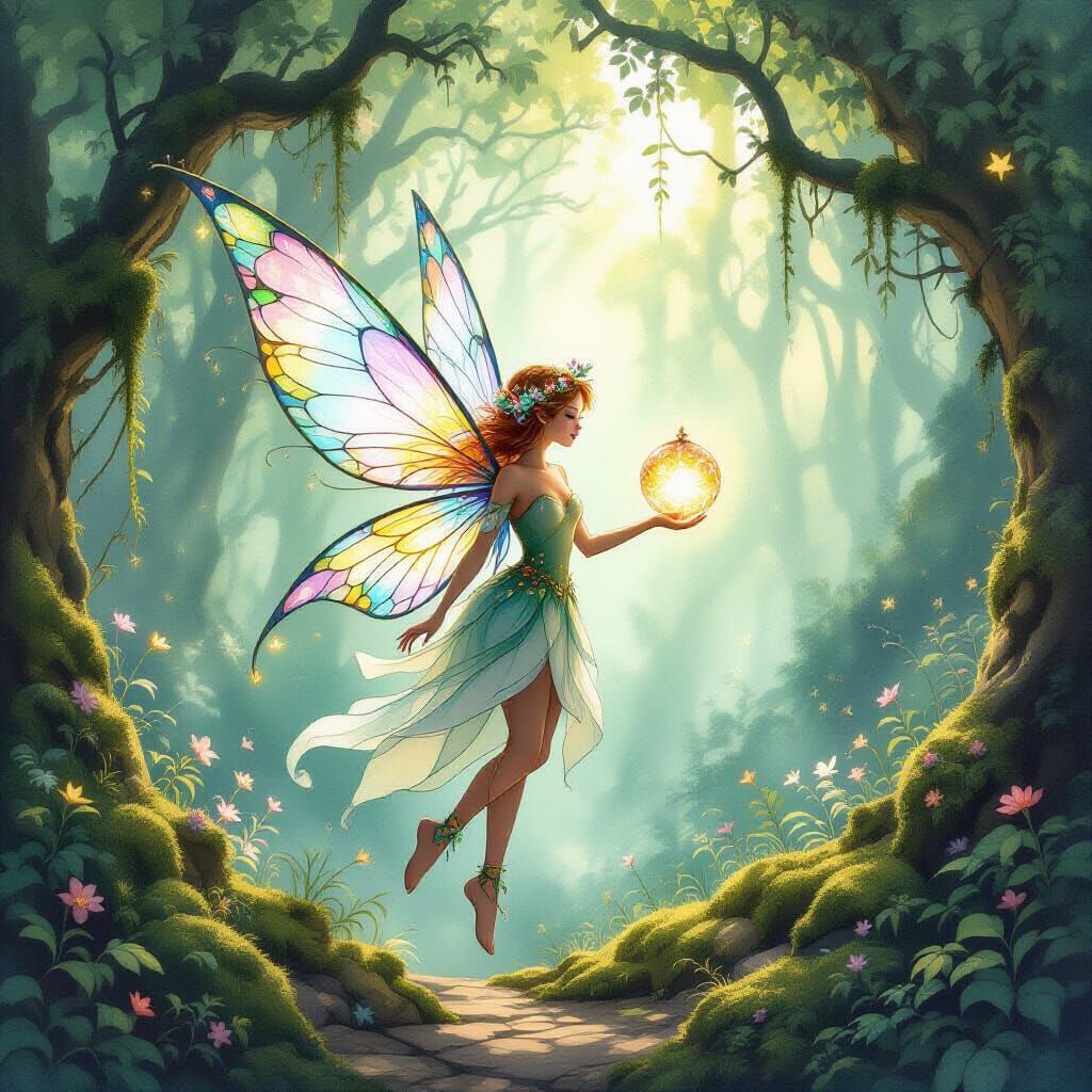 Ethereal Fairy with Stained Glass Wings in Mossy Forest