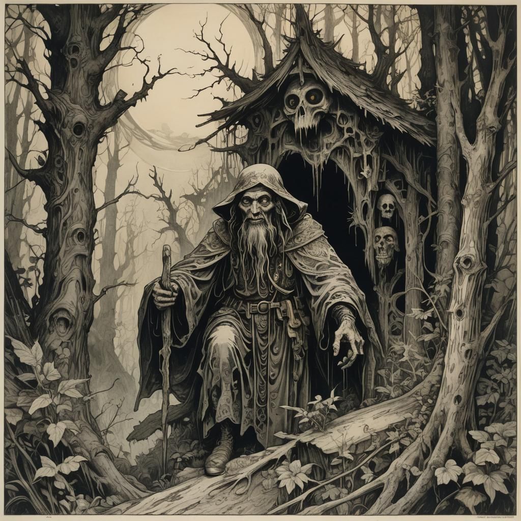 Baba Yaga in Forest, Etching Engraving Style