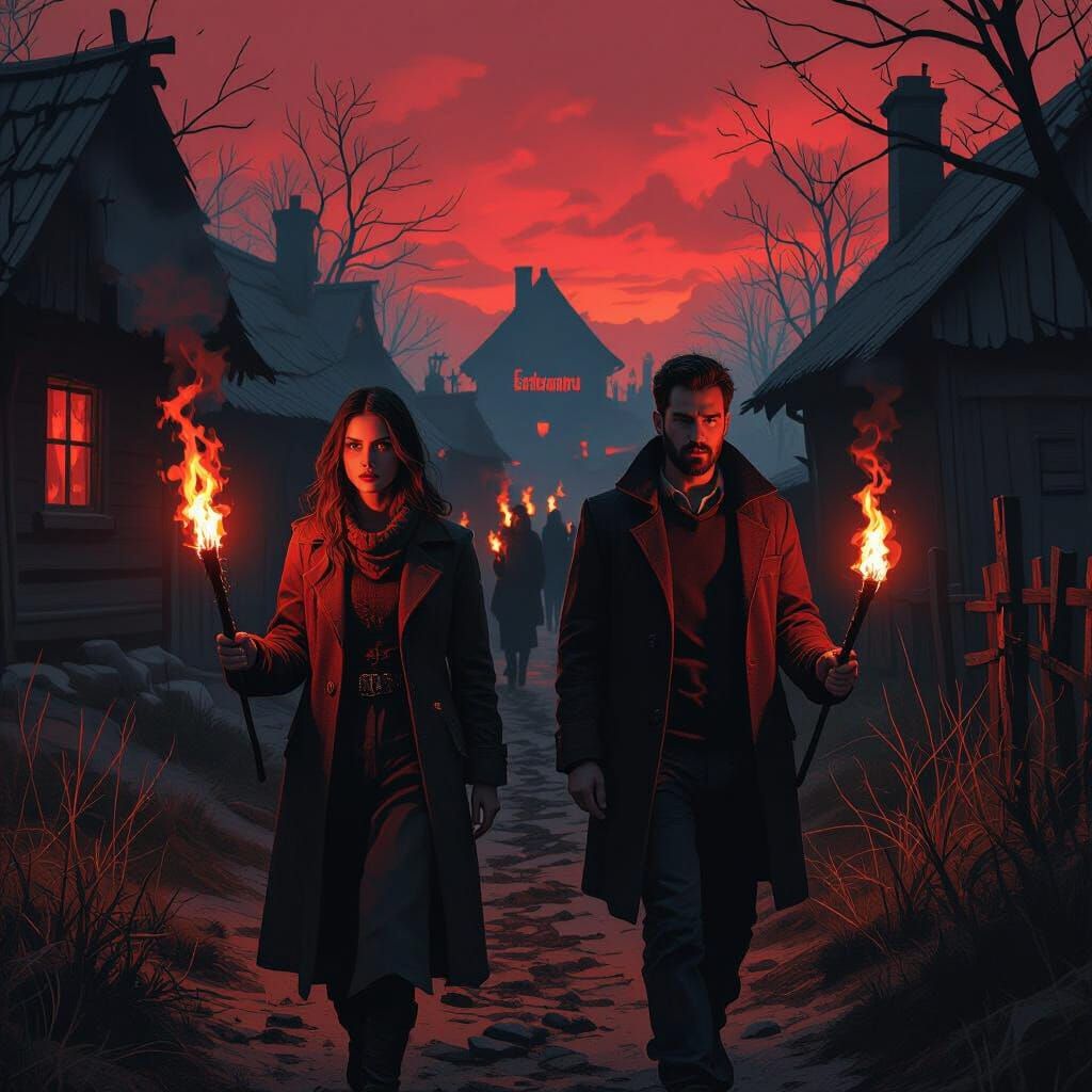 Eerie Torchlight Procession in Detailed Matte Painting Style