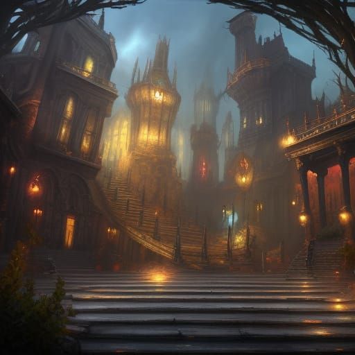 Dark Fantasy City Courtyard: Detailed Matte Painting
