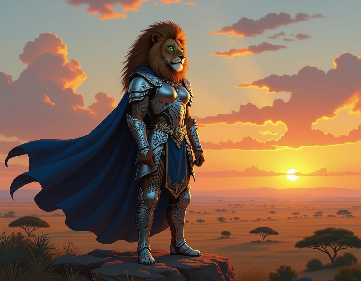 Lion Warrior Princess on Savanna, Matte Painting