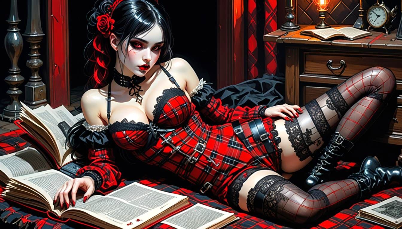 Gothic Woman Reading in Fluid Splatter Impasto Style