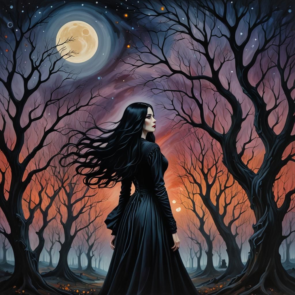 Gothic Woman in Dreamlike Landscape as Oil Painting