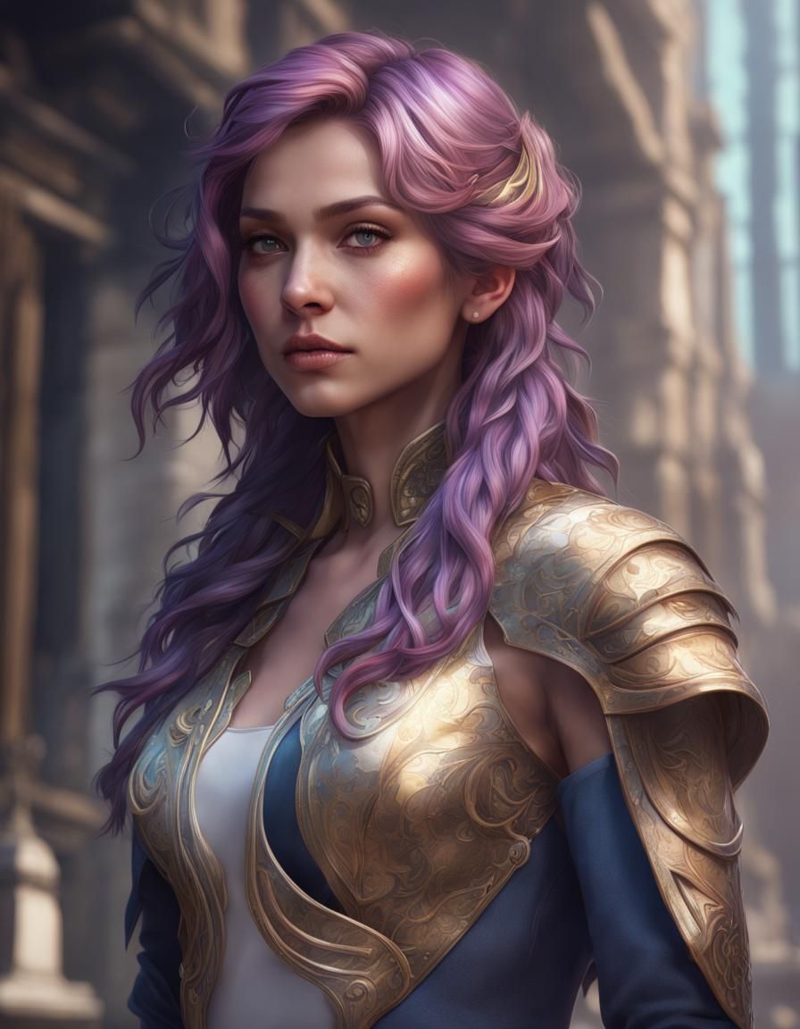 Cyberpunk Cityscape: Armored Woman with Purple Hair