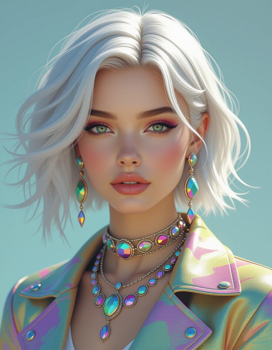 Futuristic Woman with Iridescent Clothing, Hyperrealistic